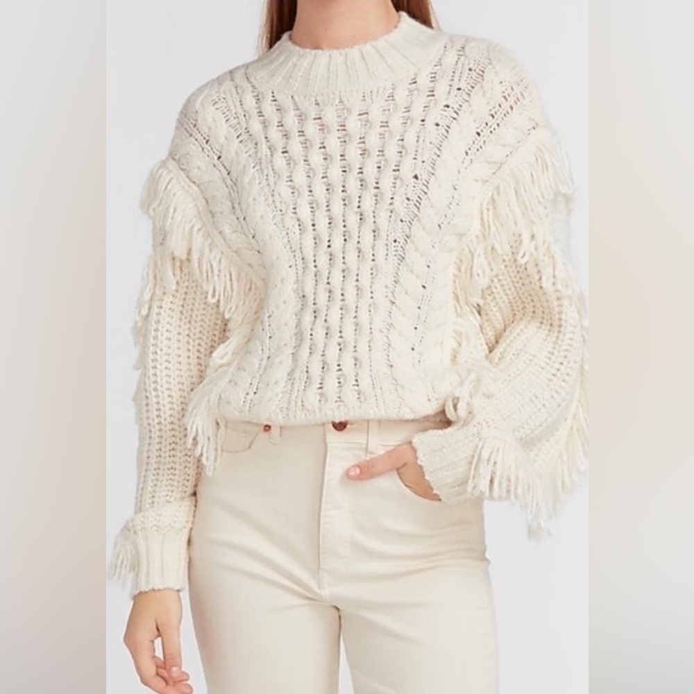 Express Cream Cable Knit Fringe Sweater - XL